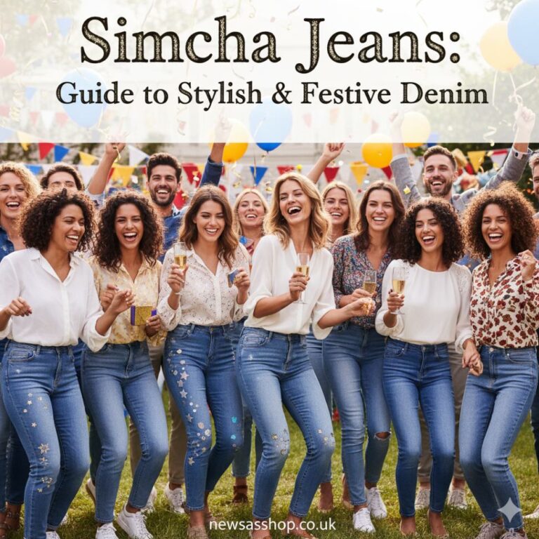 A stylish person wearing a dark wash pair of simcha jeans paired with a blazer at a festive gathSimcha