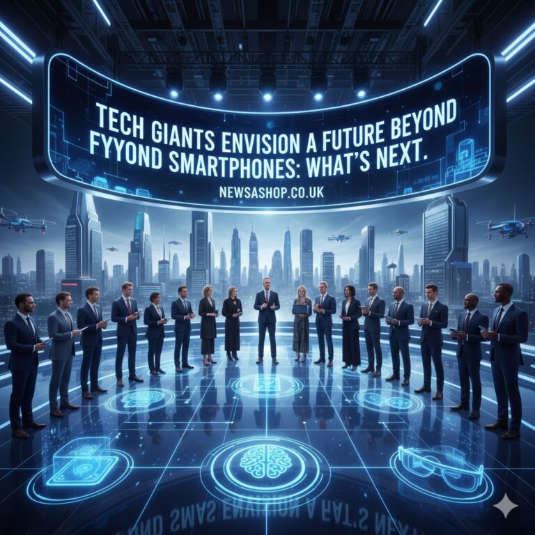 A futuristic cityscape with augmented reality icons floating in the air, illustrating how tech giants envision a future beyond smartphones.
