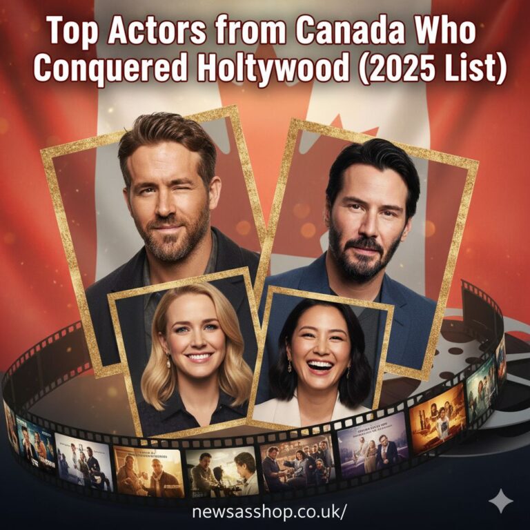 Top Actors from Canada Who Conquered Hollywood (2025 List) A collage of famous actors from Canada, including Ryan Reynolds and Rachel McAdams, highlighting their success.