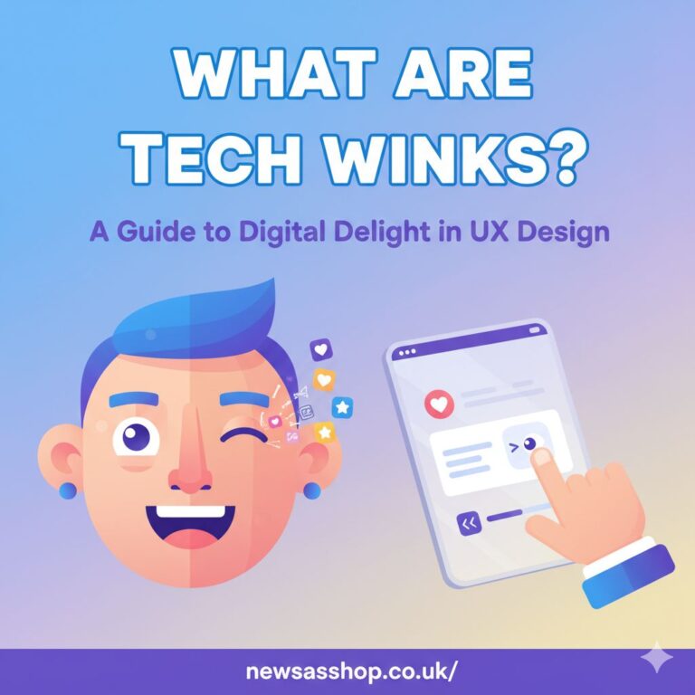 An illustration showing a friendly cartoon computer winking at the user, symbolising a tech wink.