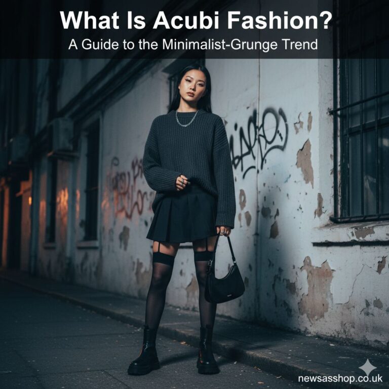 A person wearing a classic Acubi outfit featuring baggy cargo pants, a cropped top, and a neutral colour palette.