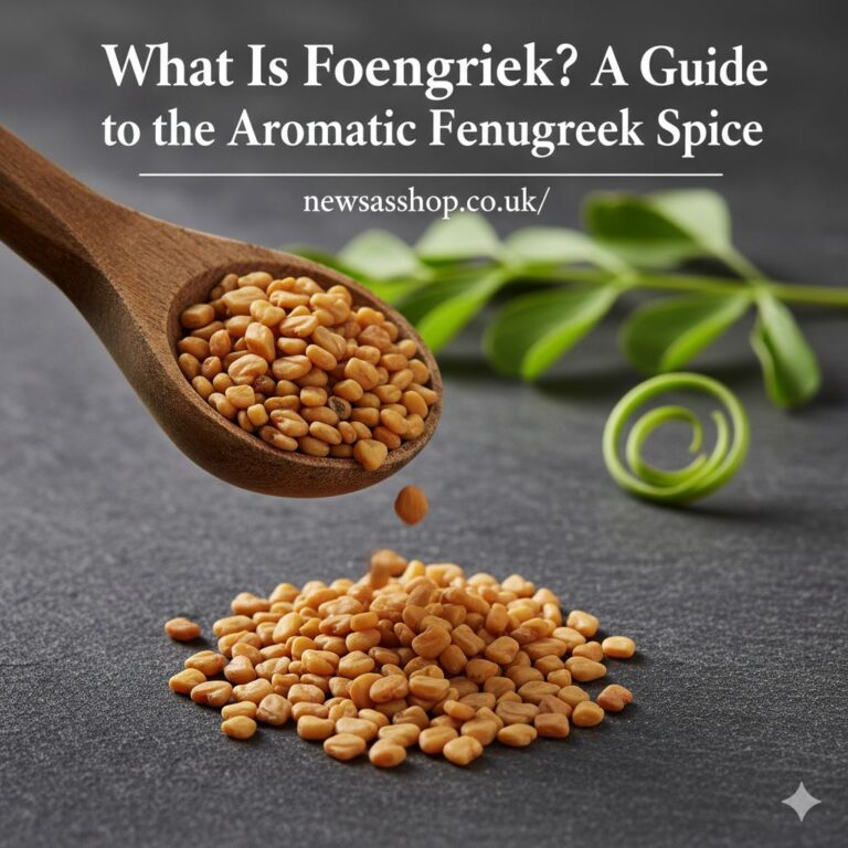 A wooden spoon full of golden foenegriek seeds (fenugreek) on a dark surface, with green fenugreek leaves nearby.