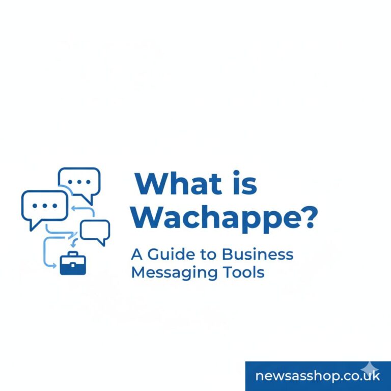 A graphic illustrating a smartphone with the wachappe logo and icons representing business communication features like chat bubbles and charts.