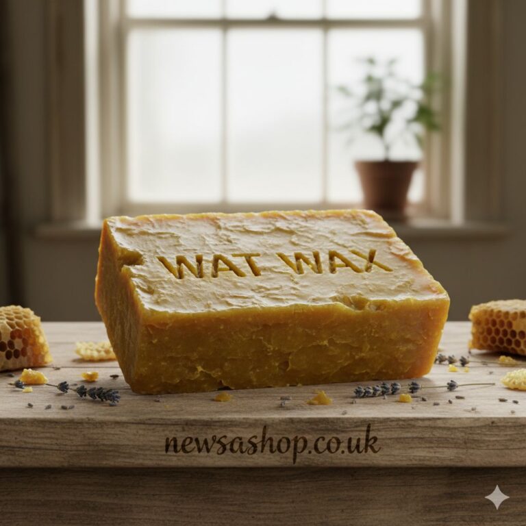 A detailed, hand-carved candle made from golden-hued wat wax, glowing warmly in a serene setting.
