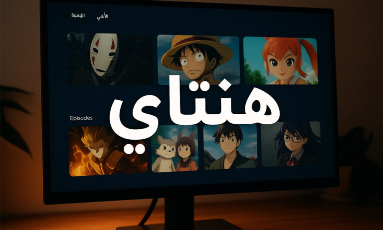 A person smiling while using a laptop to browse the هنتاوي.com website on a modern, clean desk.
