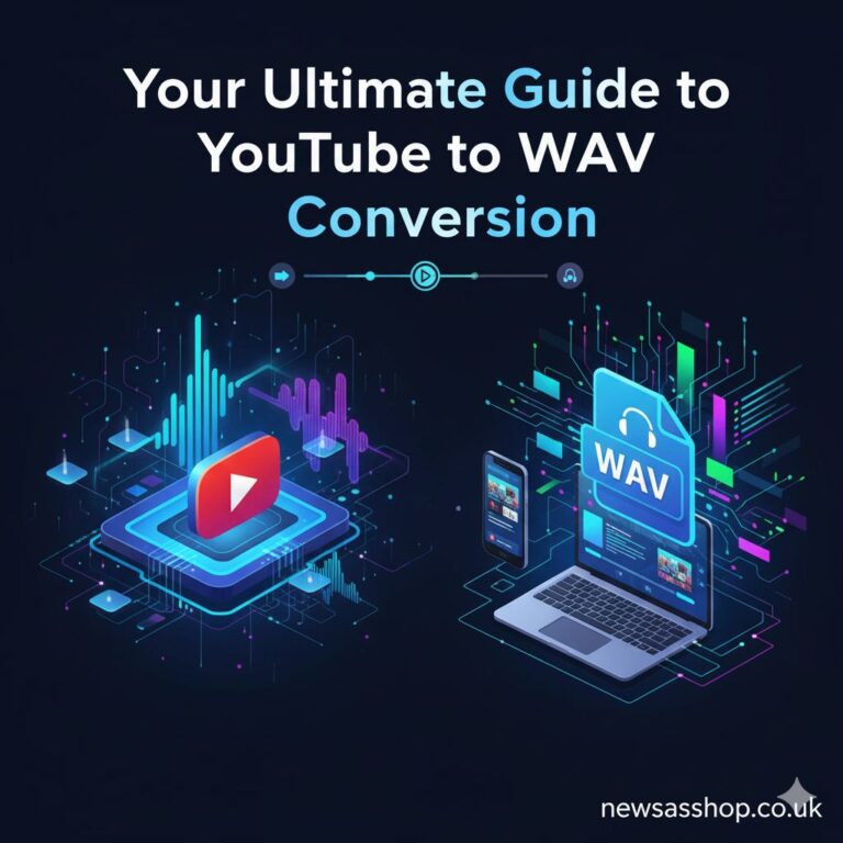 A graphic showing the YouTube logo pointing with an arrow to a WAV file icon, symbolising the conversion process.