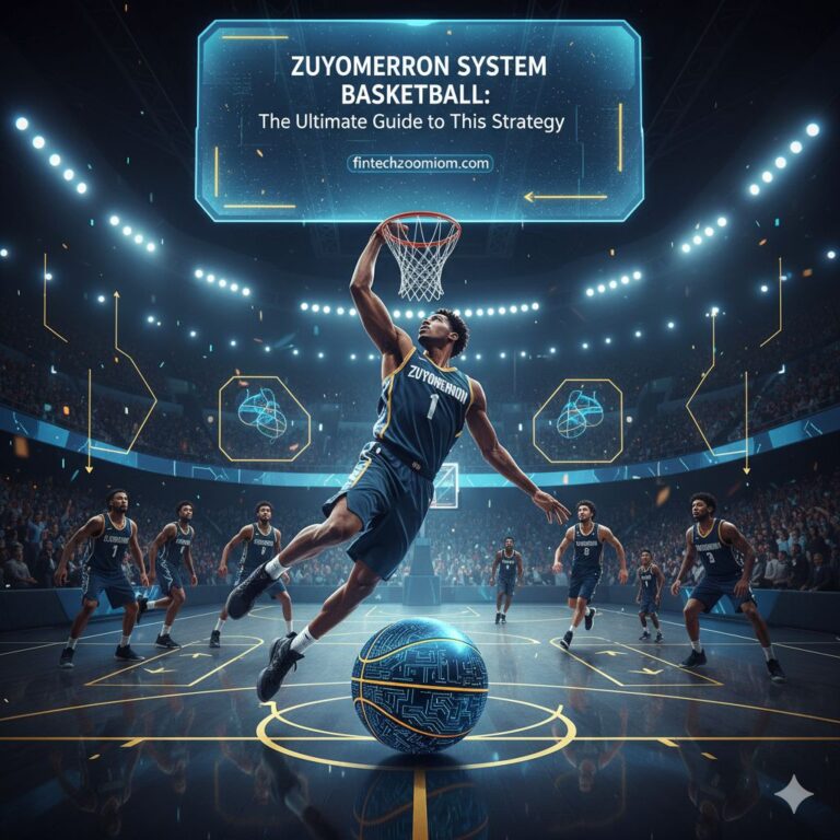 An illustration of a basketball court with players in motion, demonstrating the fluid movement of the Zuyomernon system basketball.